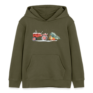 Traktor zieht Weihnachtsbaum mit einem Schlitten / Kinder Organic Hoodie - Khaki