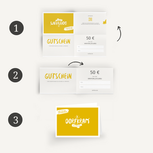 Dorfkram Gutschein zum ausdrucken. Last Minute Geschenk. Drucken, falten