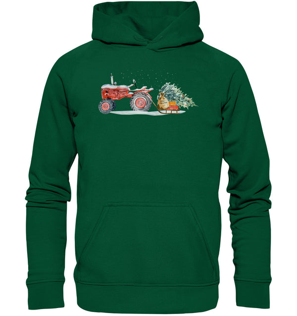 Traktor zieht Weihnachtsbaum mit einem Schlitten / Herren Premium Hoodie (Unisex)