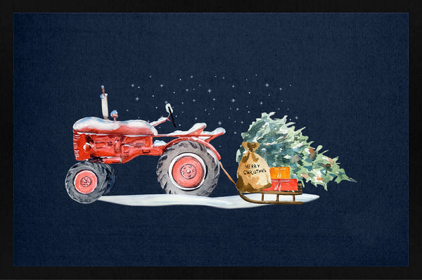Traktor zieht Weihnachtsbaum mit einem Schlitten / Türmatte
