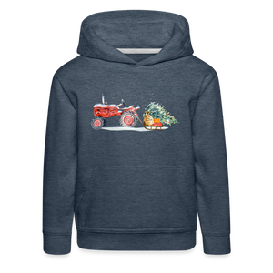 Kinderhoodie Dorfkind Traktor zieht Schlitten Weihnachten blau